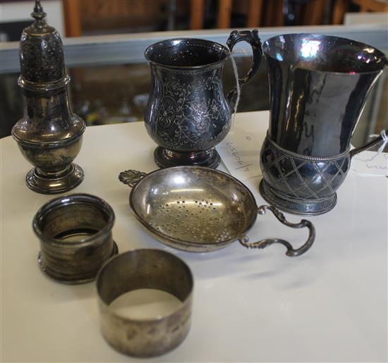 Victorian silver Christening mug, Artificers Guild silver mug, silver tea strainer, caster & 2 napkin rings